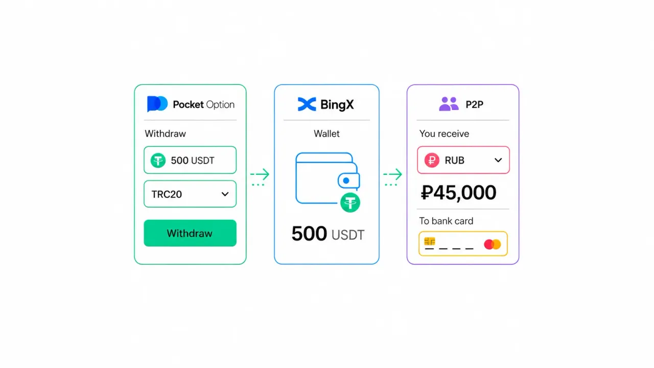 How to withdraw money from Pocket Option to the BingX exchange and exchange cryptocurrency for rubles