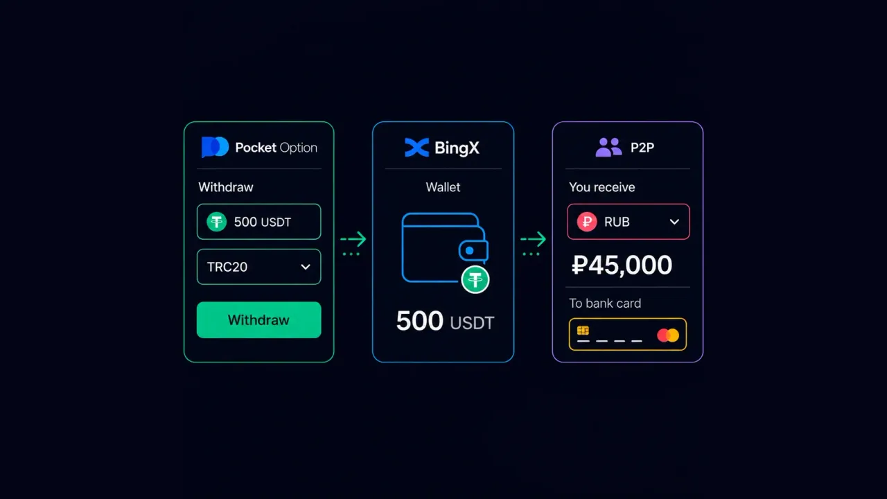 How to withdraw money from Pocket Option to the BingX exchange and exchange cryptocurrency for rubles